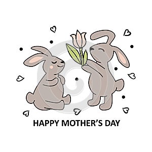 Rabbit, bunny presents a pink flower vector illustration