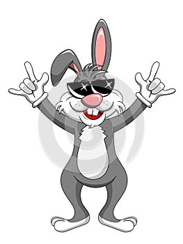 Rabbit or bunny wearing sunglasses rock gesture isolated