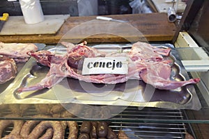 Rabbit at a butchers ahop mith the spanish word for rabbit, Conejo photo