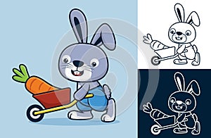 Rabbit carrying big carrot with wheelbarrow. Vector cartoon illustration in flat icon style