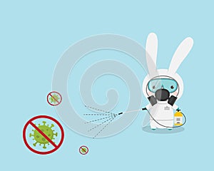 Rabbit Cartoon Character Cleaning and Disinfecting Virus. A Cute Rabbit wearing  protective mask and hazmat suit spray