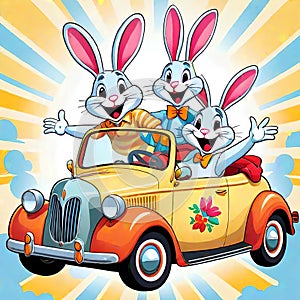 Rabbit cartoon character colorful jalopy car tour