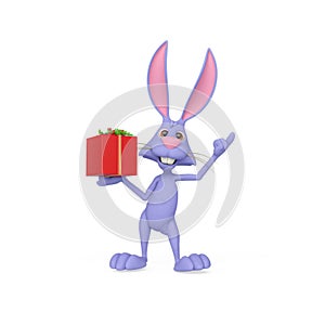 rabbit cartoon is happy and holding a gift or present