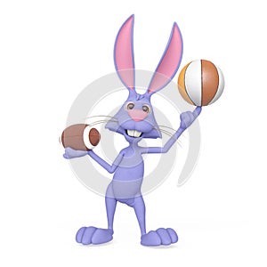 rabbit cartoon is holding a american football ball and also a basketball