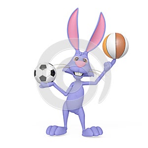 rabbit cartoon is holding a soccer ball and also a basketball