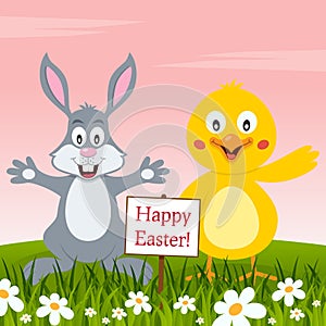 Rabbit and Chick Wishing a Happy Easter