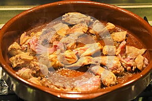 Rabbit and chicken meat frying in a clay pot