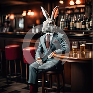 A rabbit in a classic suit sits at a bar table