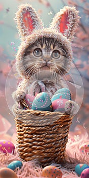 Rabbit-costumed cat enchants with a basket of wonders.