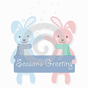 Rabbit couple holding Season`s Greeting and star illustration car