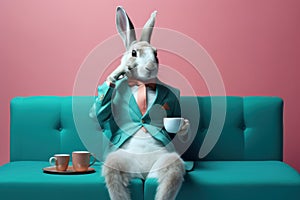 Rabbit with cup tea. Generate AI