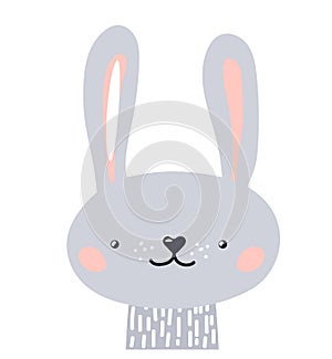 Rabbit cute animal baby face vector illustration. Hand drawn style nursery character. Scandinavian funny kid design