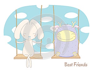 Rabbit and cute monster on a swing