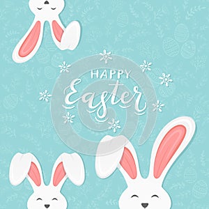 Rabbit ears on blue background with pattern and text Happy Easter