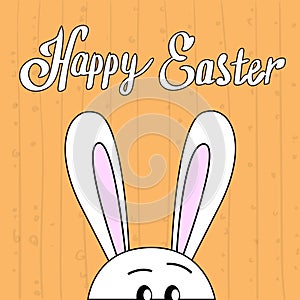 Rabbit Ears Bunny Happy Easter Holiday Banner Greeting Card Wooden Texture Background