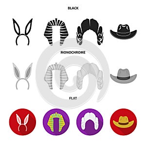 Rabbit ears, judge wig, cowboy. Hats set collection icons in black, flat, monochrome style vector symbol stock