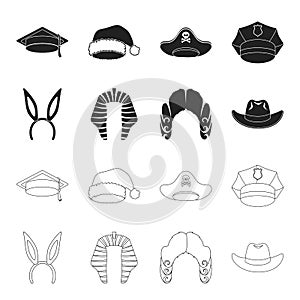Rabbit ears, judge wig, cowboy. Hats set collection icons in black,outline style vector symbol stock illustration web.