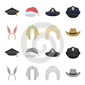 Rabbit ears, judge wig, cowboy. Hats set collection icons in cartoon,monochrome style vector symbol stock illustration