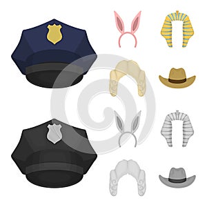 Rabbit ears, judge wig, cowboy. Hats set collection icons in cartoon,monochrome style vector symbol stock illustration