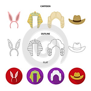 Rabbit ears, judge wig, cowboy. Hats set collection icons in cartoon,outline,flat style vector symbol stock illustration