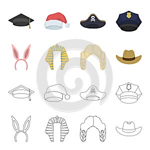 Rabbit ears, judge wig, cowboy. Hats set collection icons in cartoon,outline style vector symbol stock illustration web.