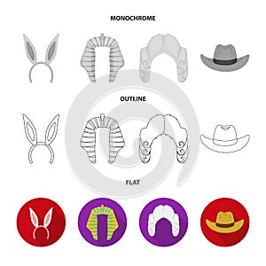 Rabbit ears, judge wig, cowboy. Hats set collection icons in flat,outline,monochrome style vector symbol stock