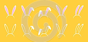 Rabbit ears. Pink easter mask of bunny rabbit ears. Cartoon headband and costume of rabbit. Funny icon set isolated on yellow