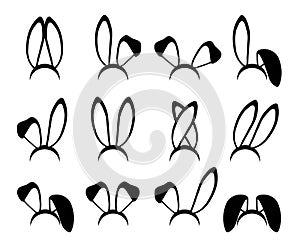 Rabbit ears silhouettes vector illustrations set. Easter bunny ears kid headband, mask collection. Hare costume contour
