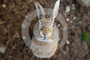 rabbit ears up, sniffing camera from above