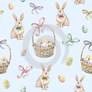 Rabbit with Easter basket on a blue background. Color Easter eggs. Watercolor drawing. Handwork. Seamless pattern photo