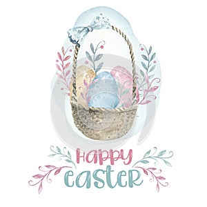 Rabbit with Easter basket isolated on a white background. Color Easter eggs wi. Watercolor drawing. Handwork. Turquoise