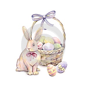 Rabbit with Easter basket on a white background. Color Easter eggs. Watercolor drawing. Handwork