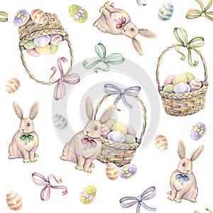 Rabbit with Easter basket on a white background. Color Easter eggs. Watercolor drawing. Handwork. Seamless pattern