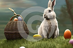 Rabbit and Easter eggs in a basket. AI generated