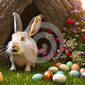 Rabbit and Easter eggs on the grass. AI generated