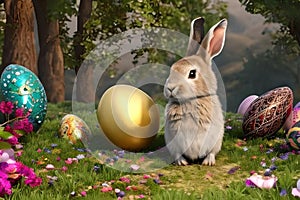 Rabbit and Easter eggs in the meadow. AI generated