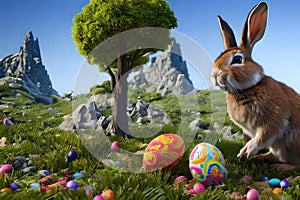 Rabbit and Easter eggs in nature. AI generated