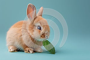 Rabbit Eating Leaf on Blue Background