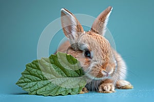 Rabbit Eating Leaf on Blue Background