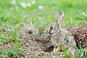 rabbit emerging from a dirt burrow in a grassy field