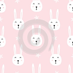 Rabbit Face Cartoon Animal Background Seamless Pattern. Cute design hand drawn in children`s style
