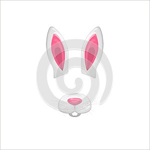 Rabbit face elements. Vector illustration. Animal character ears and nose. Video chart filter effect for selfie photo