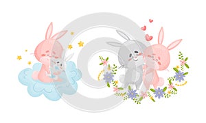 Rabbit Family with Bunny Mom and Dad Dancing and Embracing Their Cub Vector Set