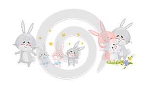 Rabbit Family with Bunny Mom and Dad Nursing and Embracing Their Cub Vector Set