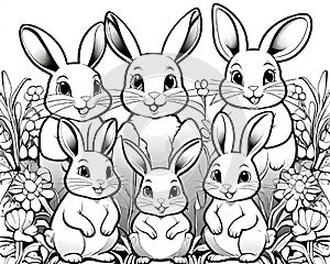 Rabbit family portrait flower garden simple art design