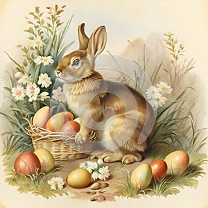 A rabbit and a fawn sit beside a basket of eggs and flowers