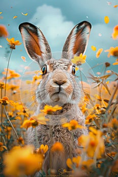 A rabbit in a field of yellow flowers