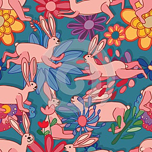 Rabbit flower seven seamless pattern