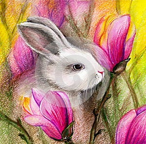 Rabbit in flowers. Watercolor hand drawn illustration.