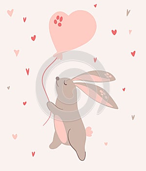 Rabbit is flying in a balloon. Cute baby bunny. Hand drawing style for baby shower, greeting card, party invitation, fashion